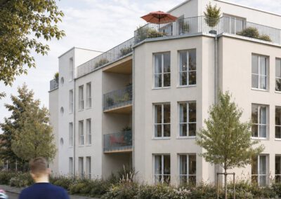 Visualisierung eines viergeschossigen Mehrfamilienhauses mit Dachterrasse und Balkonen – Projekt Hül56