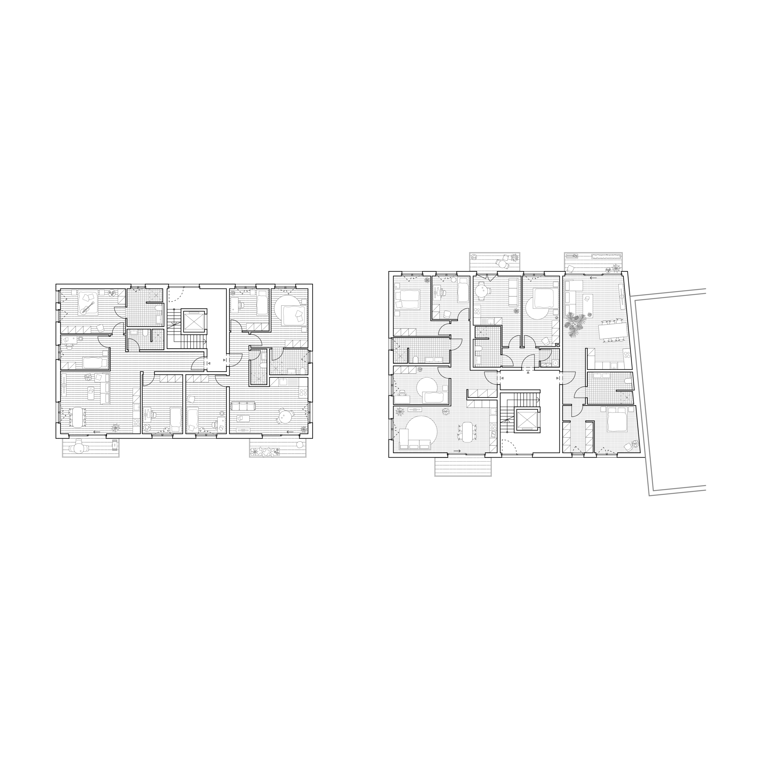 Grundriss 1. Obergeschoss beider Häuser mit Wohnungsgrundrissen, Balkonen und zentralen Erschließungskernen