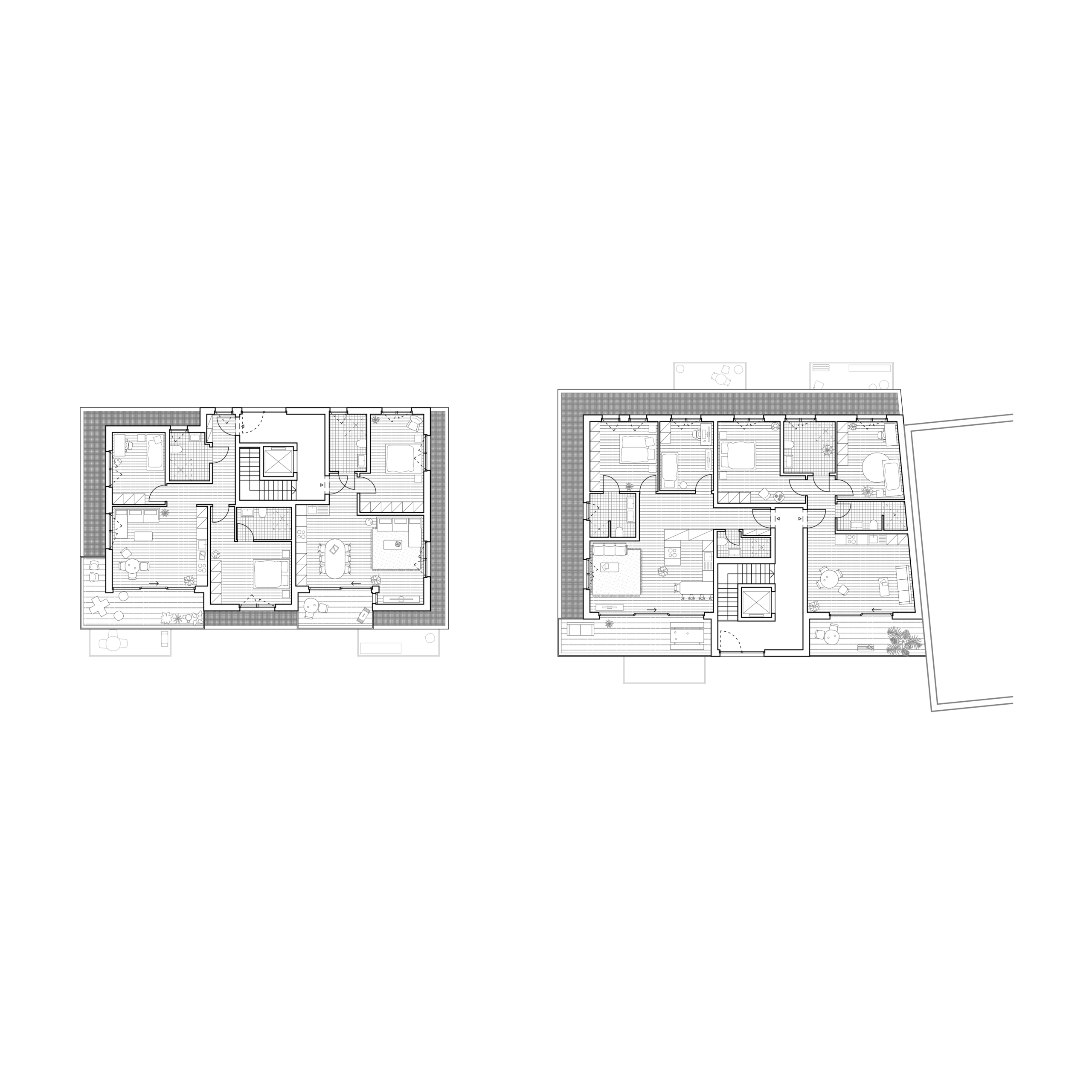 Grundriss Dachgeschoss beider Baukörper mit zurückgesetzten Wohnungen, Dachterrassen und Staffelgeschossstruktur