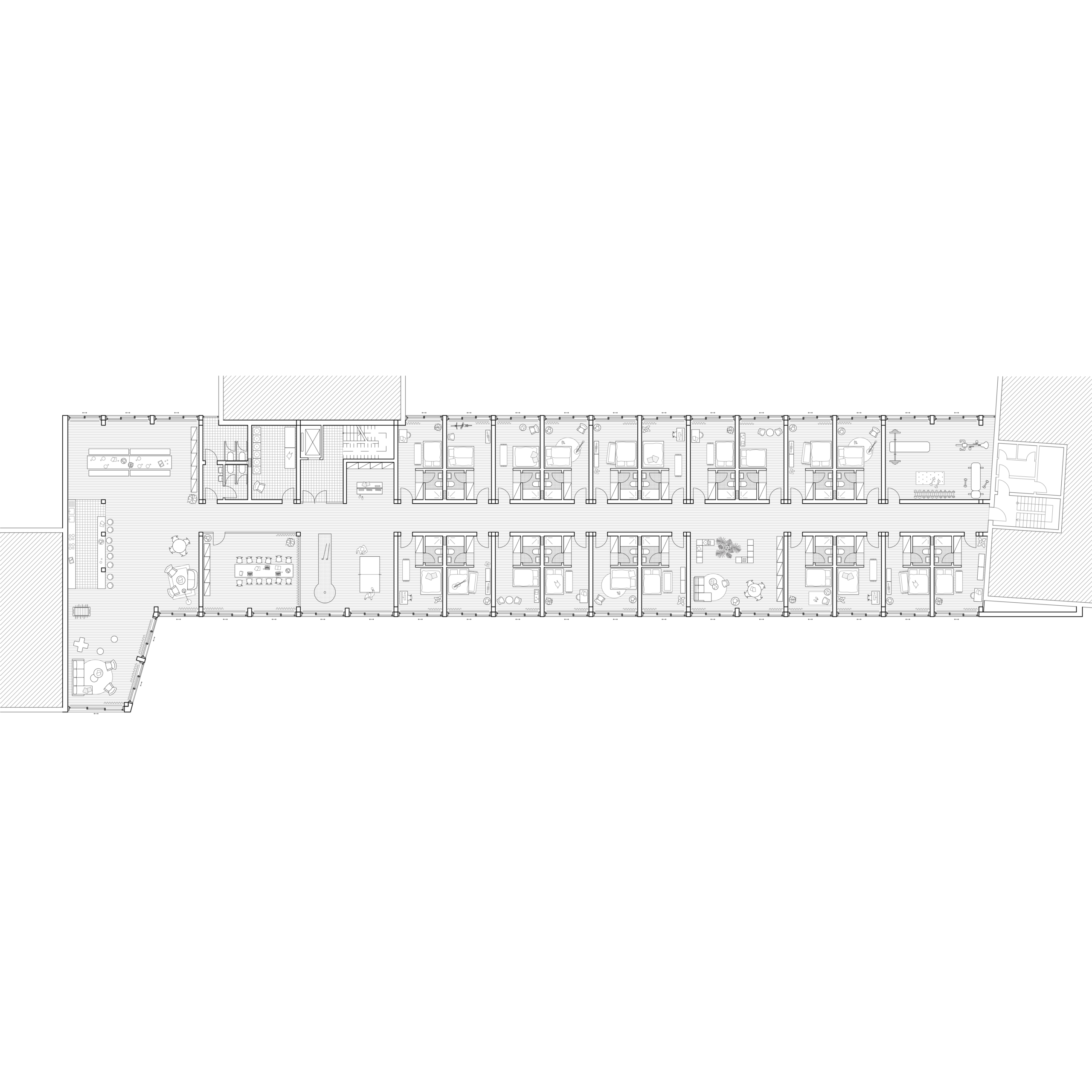 Grundriss 2. Obergeschoss mit Wohnungsgrundrissen, je zwei Einheiten pro Achse mit Schlaf-, Wohn- und Nasszellen