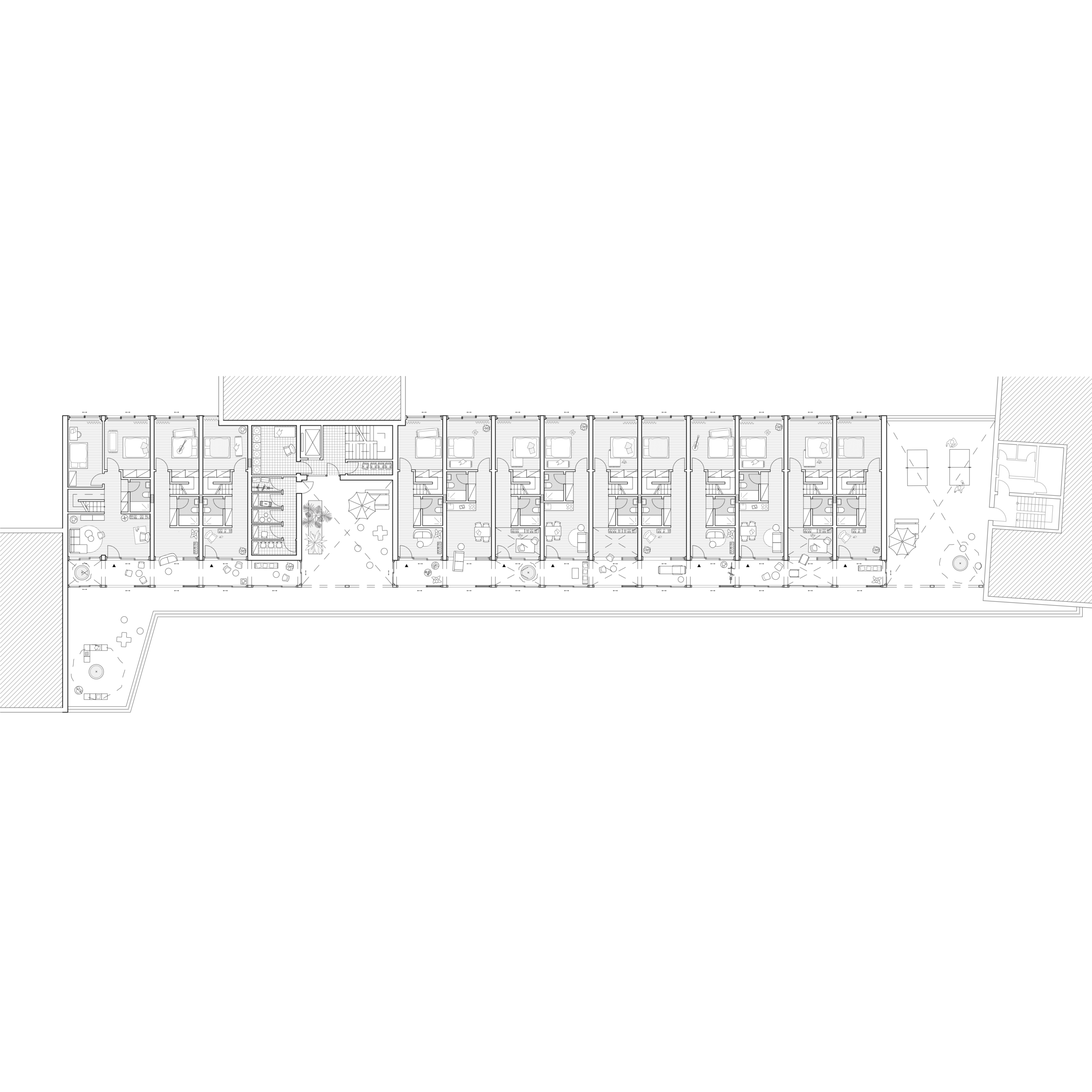 Grundriss 3. Obergeschoss (Aufstockung) mit verdichteteren Wohnungsgrundrissen, Loggien und Freisitzen zur Hofseite