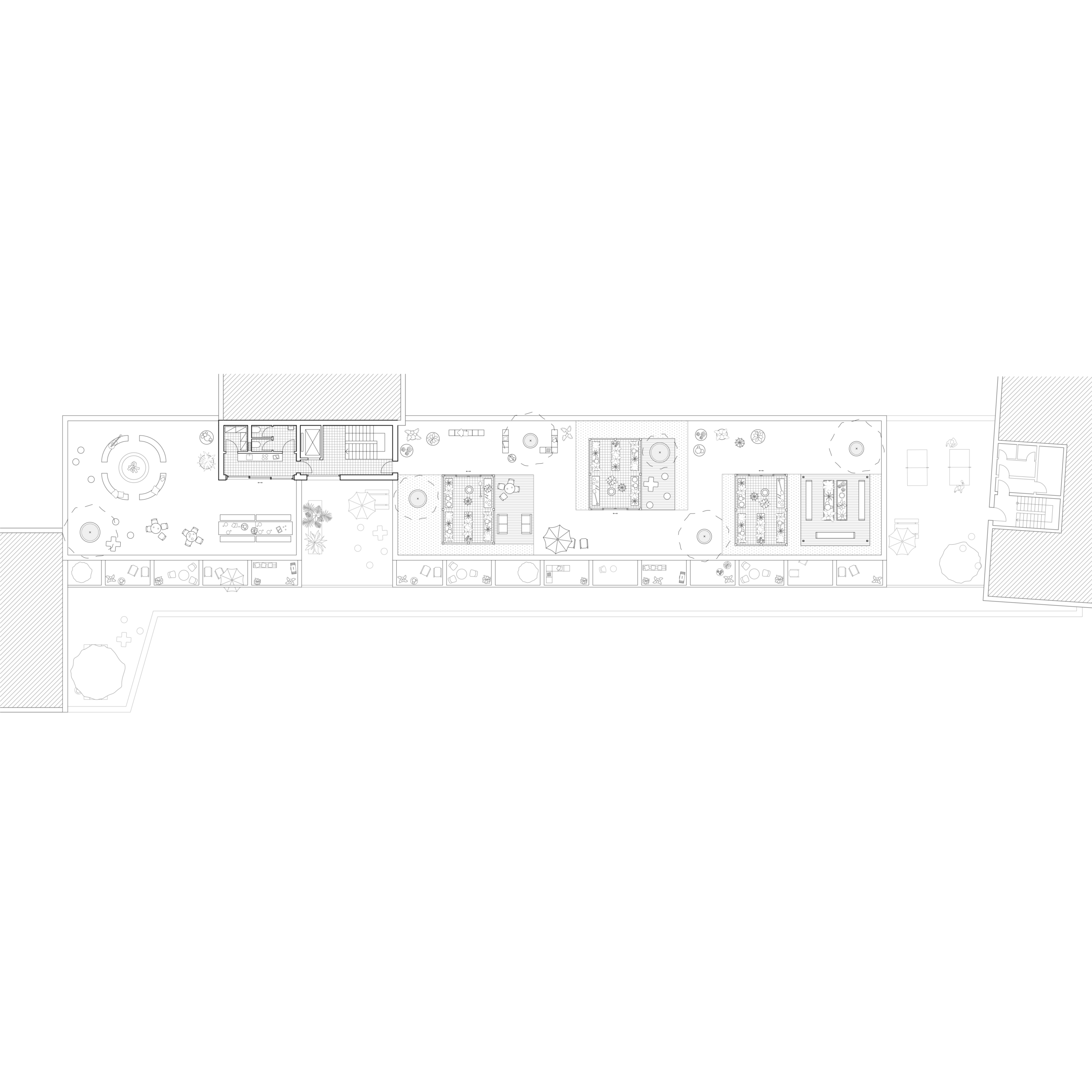 Grundriss Dachgartenebene mit Freiräumen, Beetelementen, Sitzgruppen und Gewächshausmodulen
