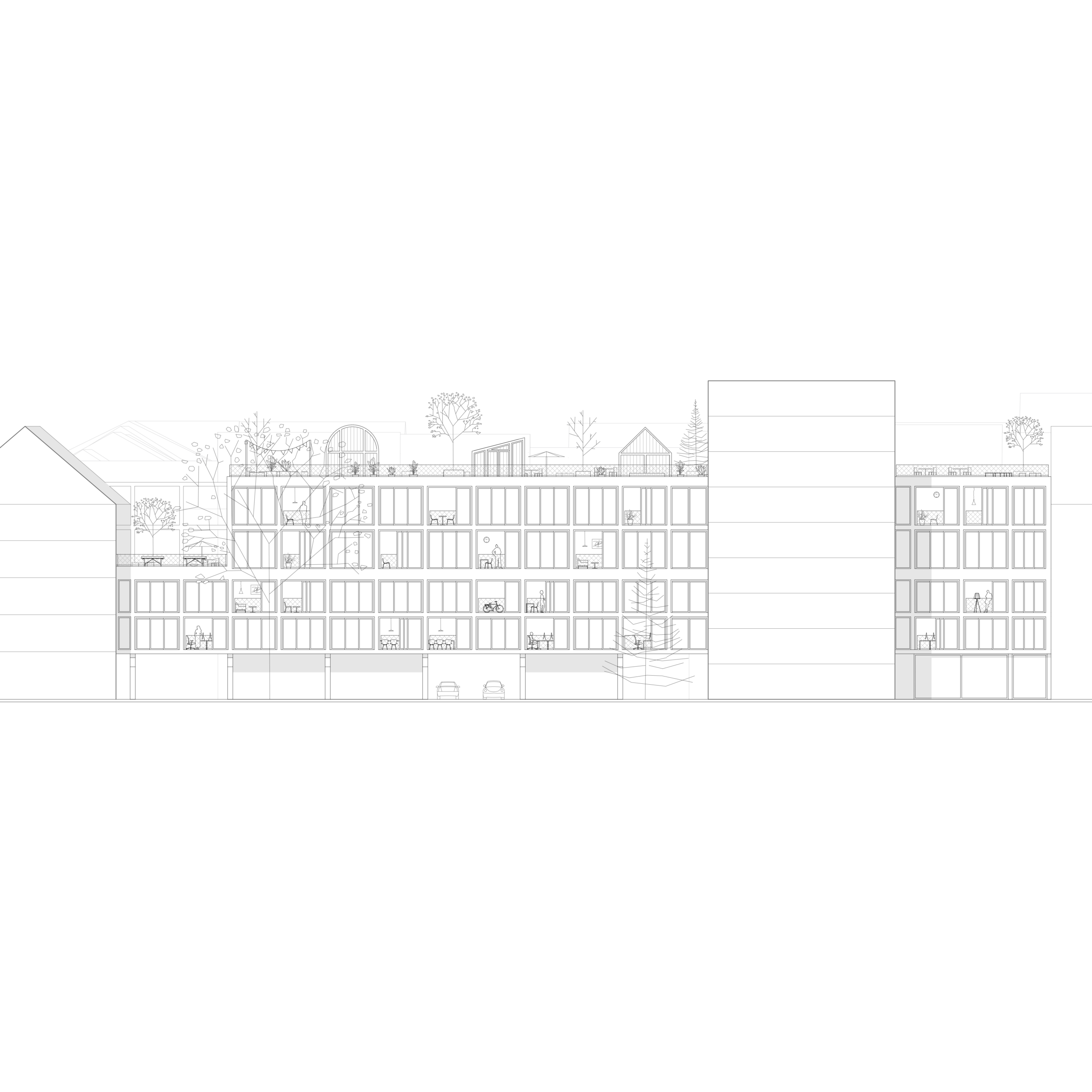 Hofansicht mit Blick auf Loggien, Balkone und Dachterrassenaufbauten, begrünte Brüstungen und Glasgewächshäuser sichtbar