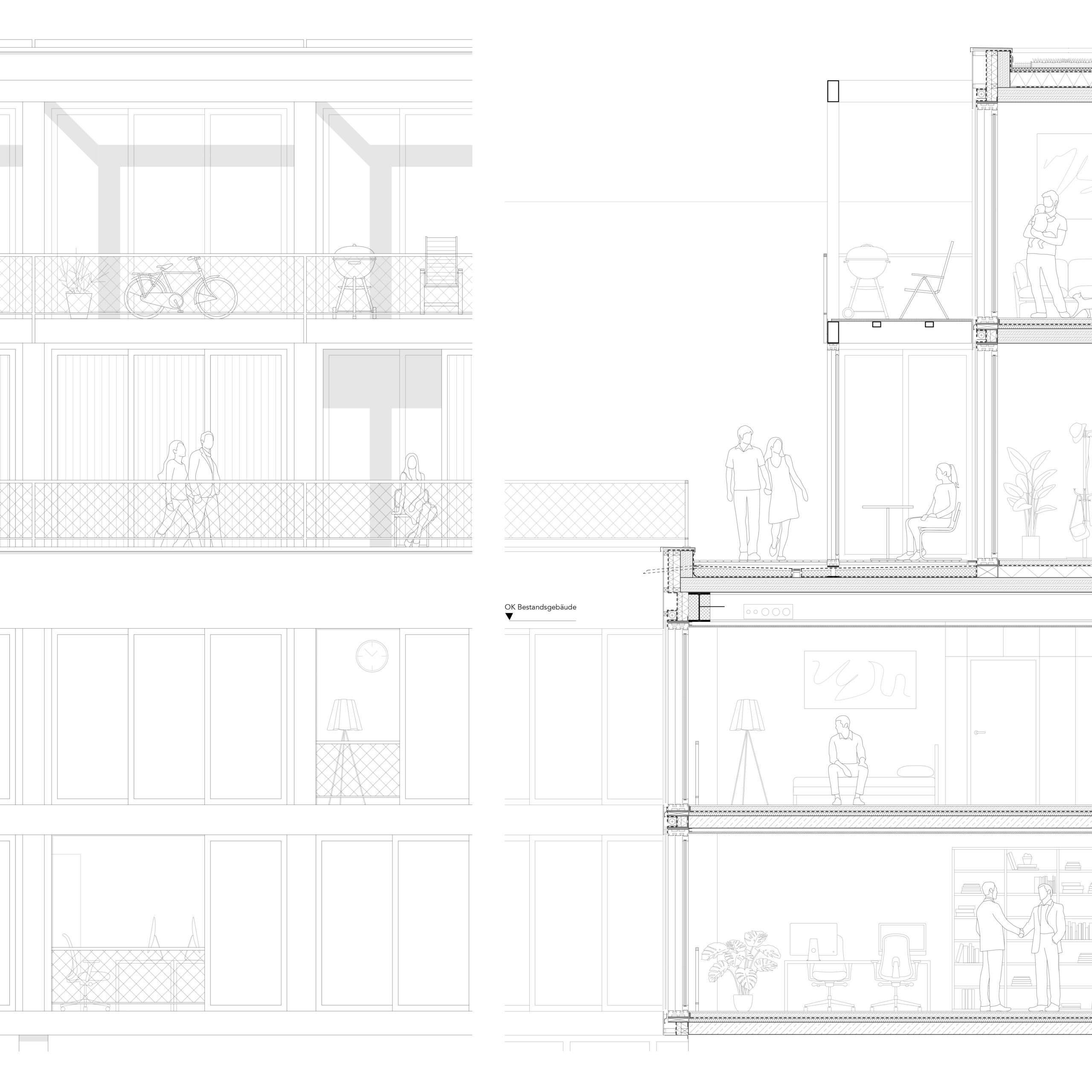 Detailschnitt der Fassade: links Ansicht mit Laubengang und Pufferzone, rechts Vertikalschnitt durch zwei Geschosse mit Raumhöhen, Brüstungen und Personen zur Maßstabsverdeutlichung