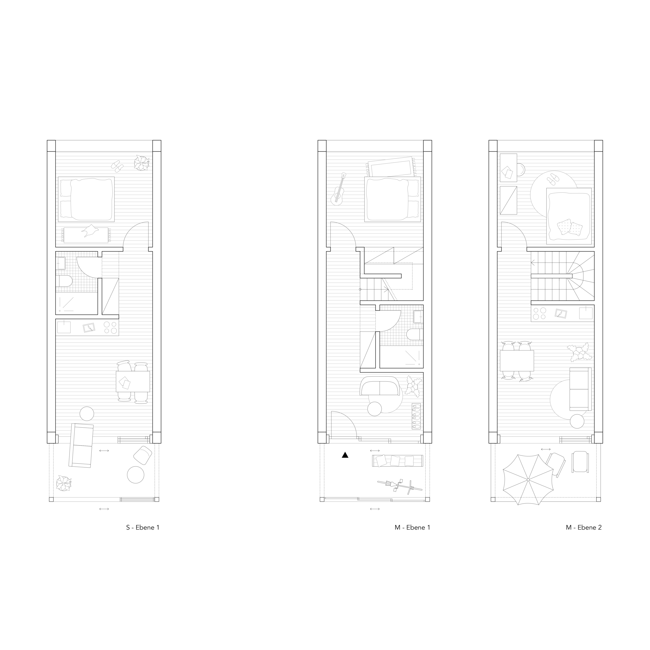 Grundrisse der Wohnungstypen S (Ebene 1) und M (Ebene 1 + Ebene 2): kompakte Einzimmer- bzw. Maisonette-Grundrisse mit Schlaf-, Wohn- und Sanitärbereich