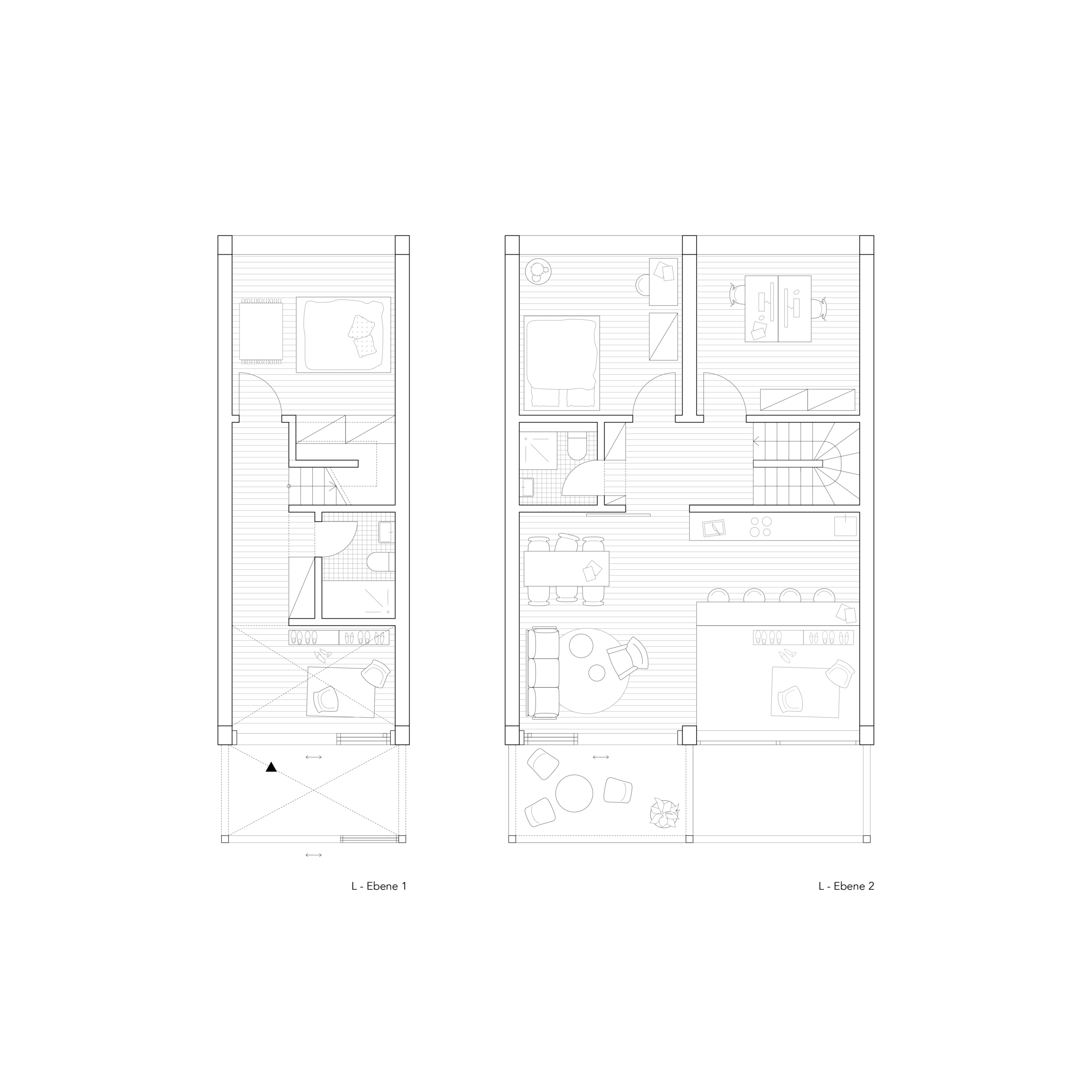 Grundrisse Wohnungstyp L (Ebene 1 + Ebene 2): Maisonette mit Schlafbereich oben, großzügigem Wohn- und Essbereich unten