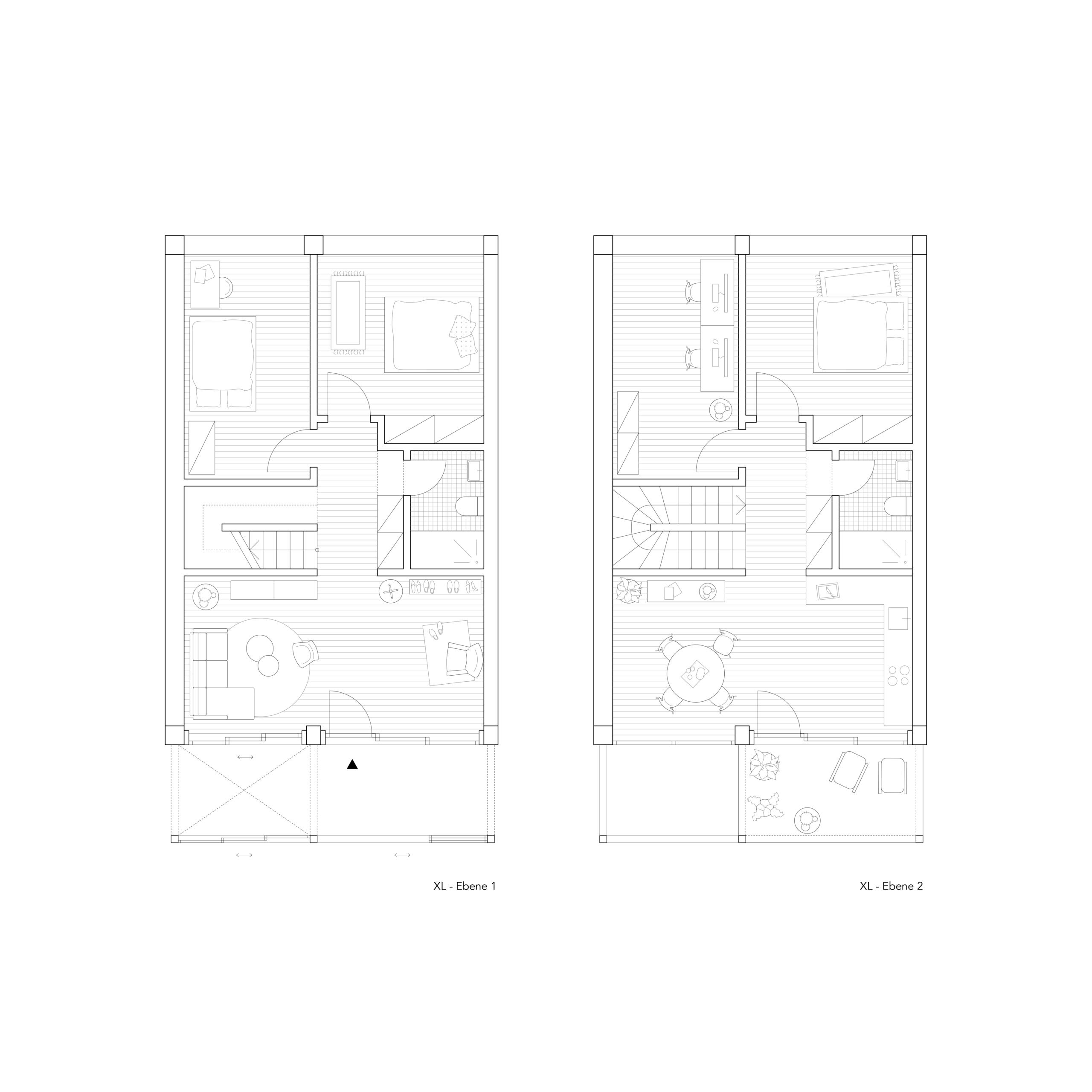 Grundrisse Wohnungstyp XL (Ebene 1 + Ebene 2): größte Einheit mit zwei Schlafzimmern, getrenntem Wohn- und Essbereich, Dachterrasse auf Ebene 2