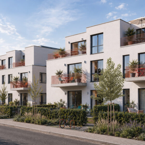 Architekturvisualisierung zweier moderner Mehrfamilienhäuser in heller Putzfassade mit roten Balkongeländern, begrünten Terrassen und Erdgeschossgärten, straßenseitige Außenperspektive in Siegburg-Kaldauen Architekturvisualisierung zweier moderner Mehrfamilienhäuser in heller Putzfassade mit roten Balkongeländern, begrünten Terrassen und Erdgeschossgärten, straßenseitige Außenperspektive in Siegburg-Kaldauen